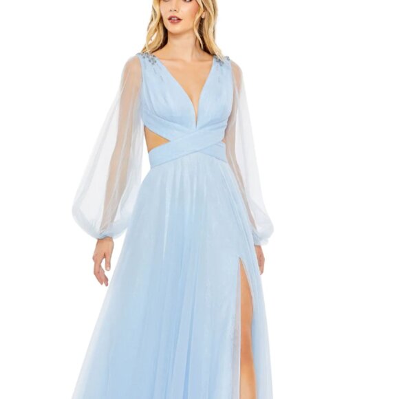 MAC DUGGAL 50662 TULLE PUFF SLEEVE CUTOUT LACE UP A-LINE ICE BLUE GOWN sz 2 - Picture 1 of 8